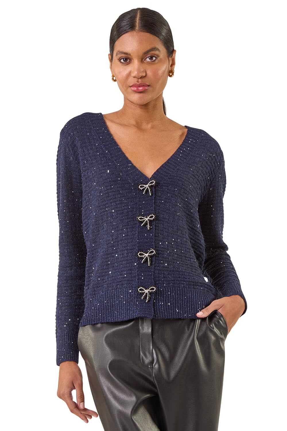 Roman Women's Navy Bow Embellished Sequin Knit Cardigan Sweater In | : Size 20