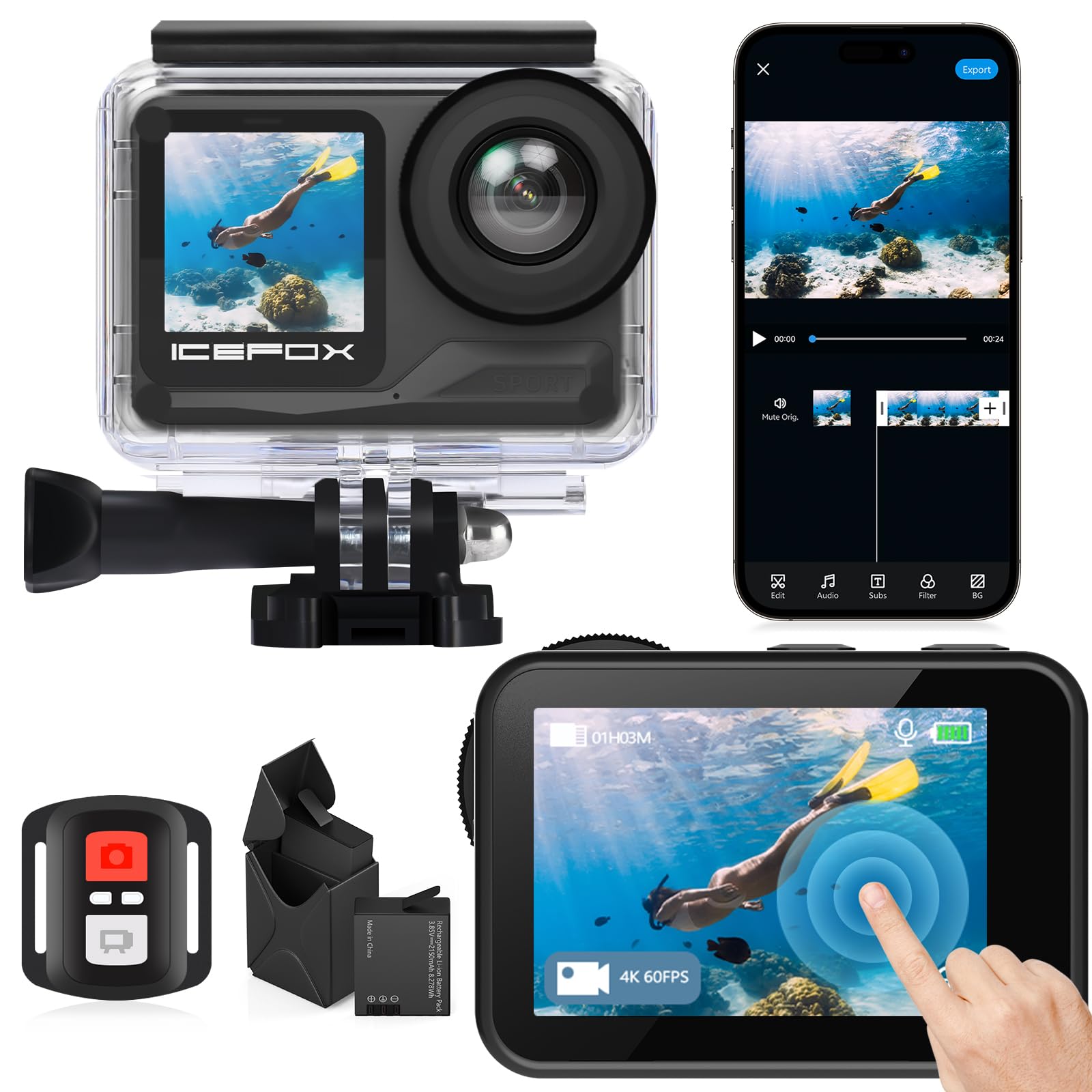 icefox i7 Action Camera 4K 60FPS 30MP with 2X 2150mAh Batteries, Underwater Camera with 5X Zoom, EIS, Powered by Snappro App,Support Video&Photo Editing,Waterproof, WiFi Remote Control