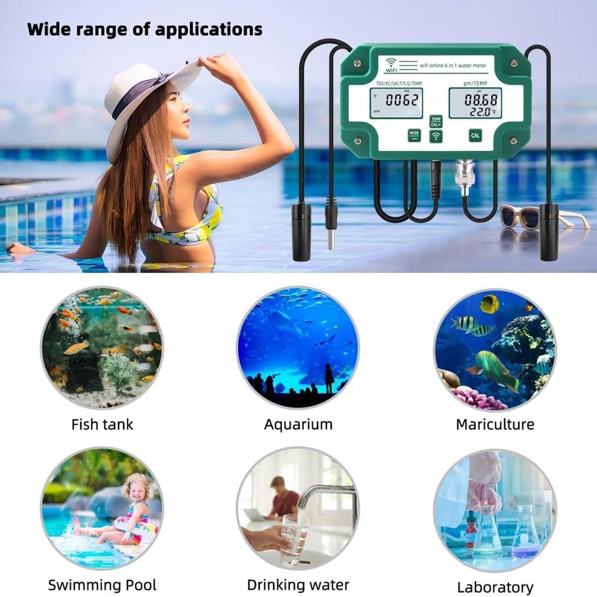 Wasserqualitätsmonitor, Digital WiFi PH EC TDS SALT SG Temperaturmessgerät Aquarium Analyzer Datenlogger für Labor und Hydrokultur