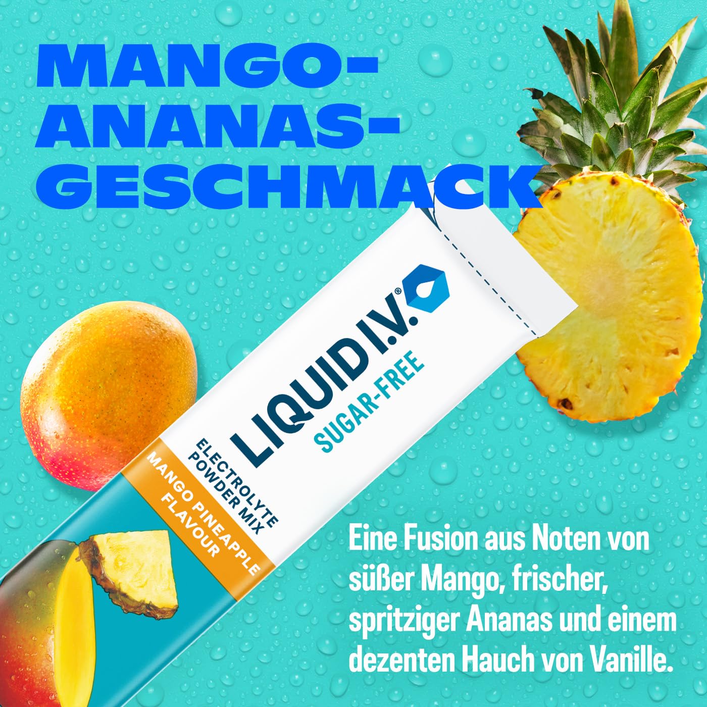 Liquid I.V. Sugar Free Elektrolytpulver-Mischung ohne Zucker, Mango-Ananas-Geschmack, Für eine schnelle Flüssigkeitszufuhr und Energie, Mit 8 Vitaminen und Mineralstoffen, 24 Sticks