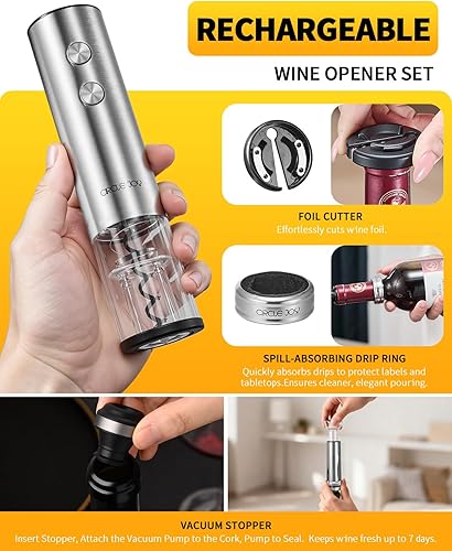 Miniatura 5 de CIRCLE JOY Juego de abridor de vino eléctrico recargable 8 en 1 de acero inoxidable automático abridor de botellas de vino con vertedor eléctrico