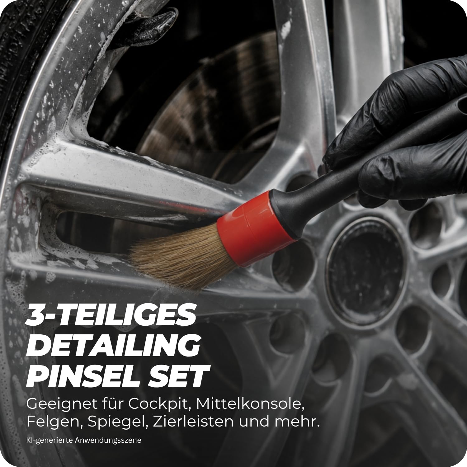 Detailing Pinsel Set mit Gummigriff 3-teilig - für Innenraum, Felgen & Außenbereich - ultraweiche & robuste Borsten - präzise Autopflege