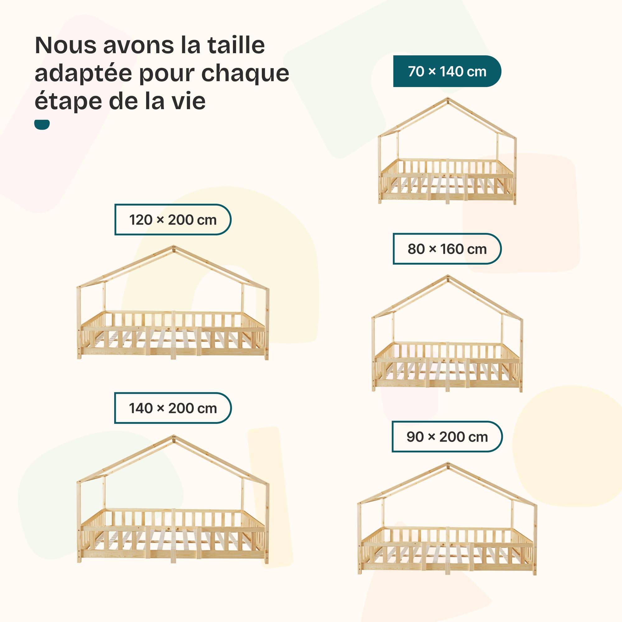 [en.casa] Lit d'enfant Cabane Treviolo 70 x 140 cm Lit Montessori en Forme de Maison avec Barrière et Sommier à Lattes Solide Style Scandinave Capacité de Charge 70 kg Bois de Pin Naturel
