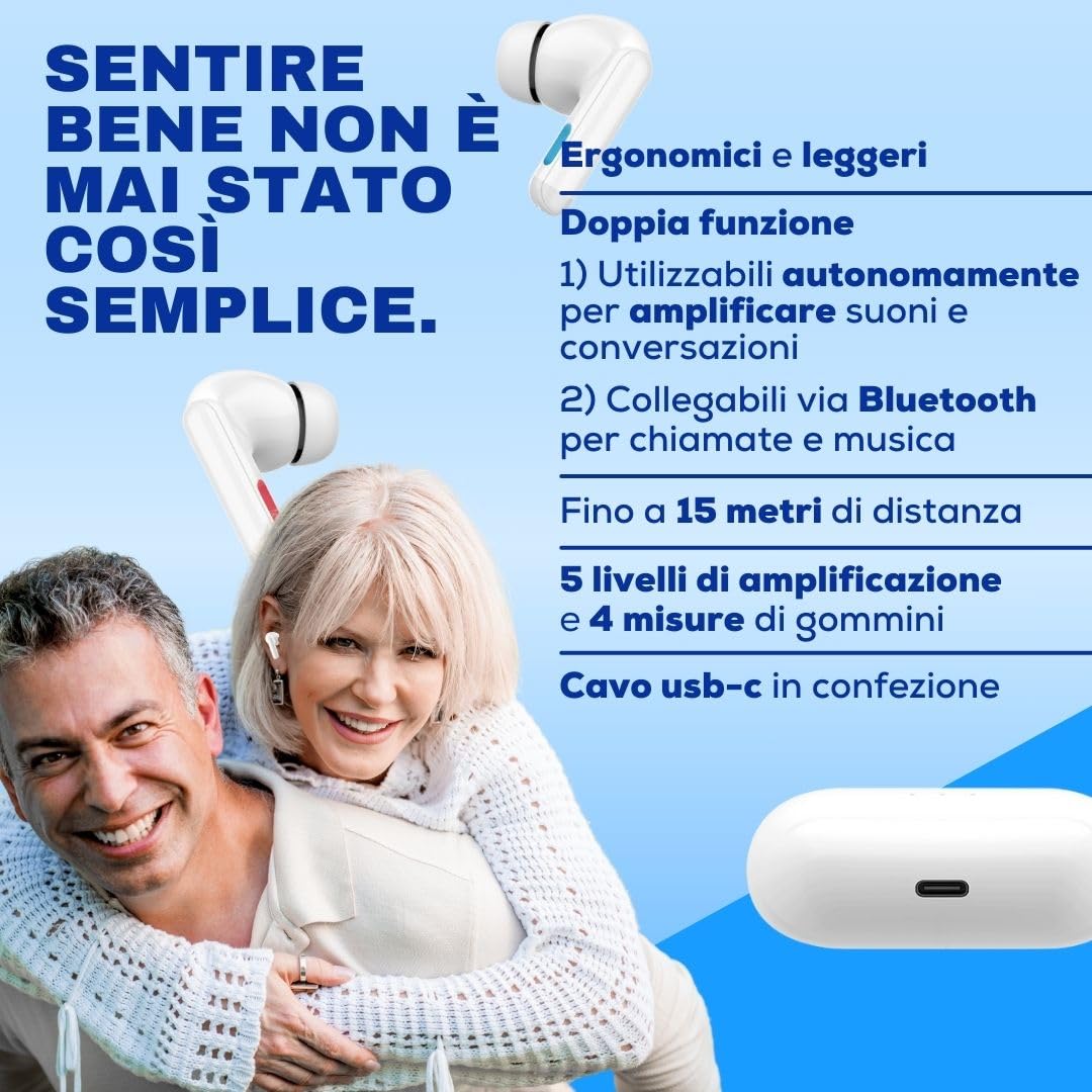 SAIET Audio MAX Auricolari per Anziani TWS con 5 Livelli di Amplificazione | Cuffie Bluetooth con Amplificazione Audio per Chiamate e Musica, App Dedicata, Design Moderno, Fino a 20 Ore di Autonomia