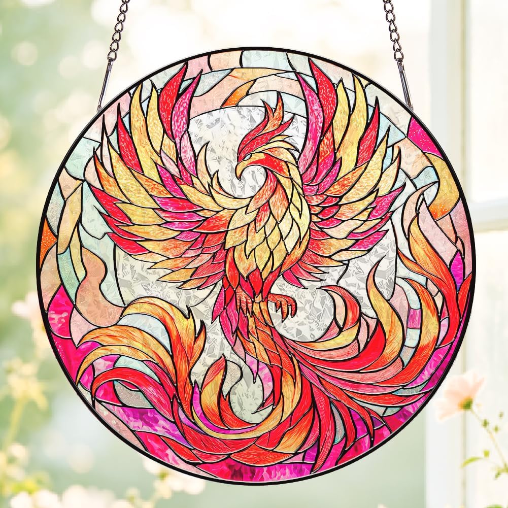 SUPERDANT Phoenix Stained Glass 7.9 in Window Hanging Animals Suncatcher Glass Panel Sun Catchers Decor for Mother's Day Birthday for Mom Grandma Nana Family Women Men Wife Aunt Gifts
