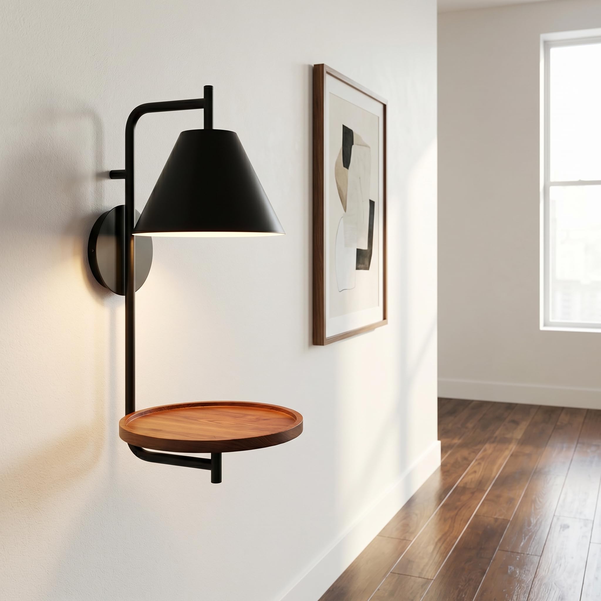 BARCELONA LED Bilon Innen-Wandleuchte E27 mit integriertem Holzregal, moderne Wandlampe in Schwarz Matt für Schlafzimmer, Bettkopfteil, Wohnzimmer und Hotel, Leuchtmittel nicht enthalten