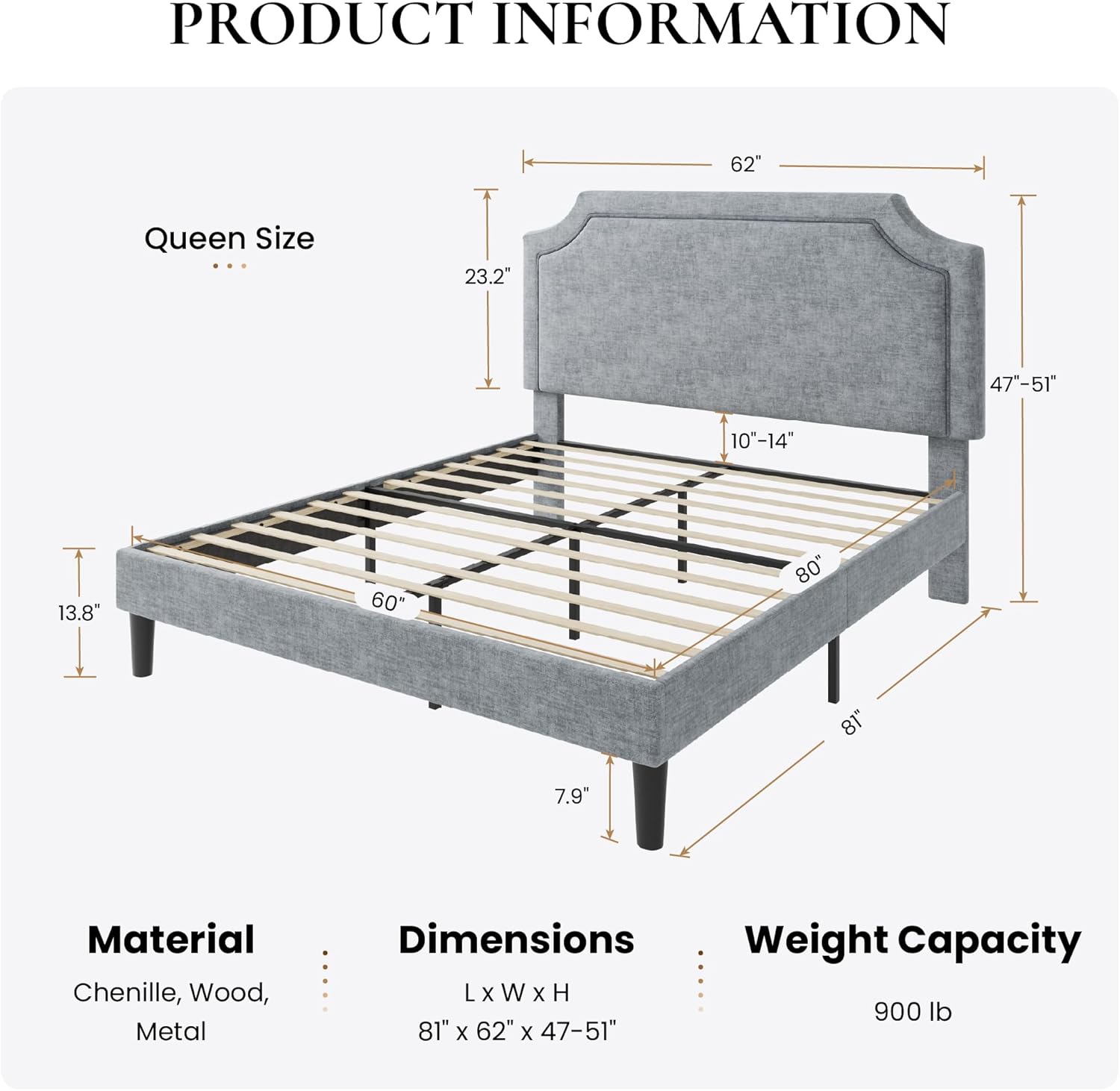 SHA CERLIN Queen Bed Frame Chenille Upholstered Platform Bed with Notched Adjustable Headboard, Wooden Slats Support, No Box Spring Needed,Easy Assembly, Soft Gray