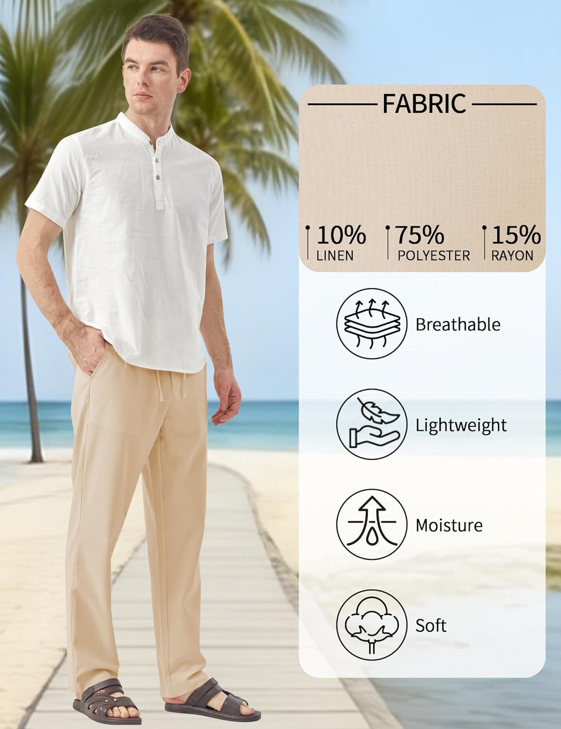 Idtswch 32/34/36/38 Inseam Men's Tall Casual Linen Pants Elastic Waist Drawstring Lightweight Summer Trousers - Image 5