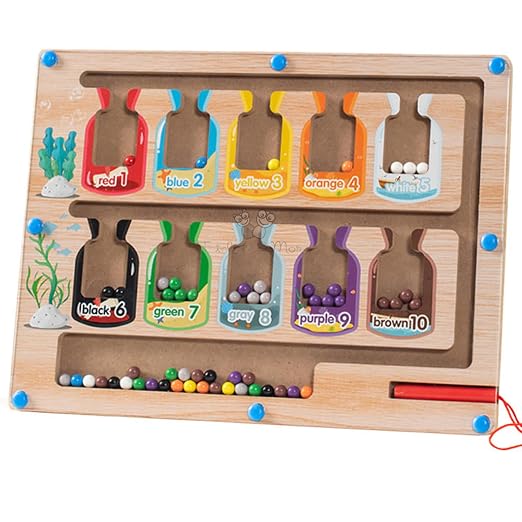 Trinkets & More Montessori Magnetic Number Maze Counting Board for Toddlers Fine Motor Skills Toy with 55 Colourful Beads Learning Puzzle for Kids Ages 2-6 Colour Sorting, Matching (Bottles Maze)
