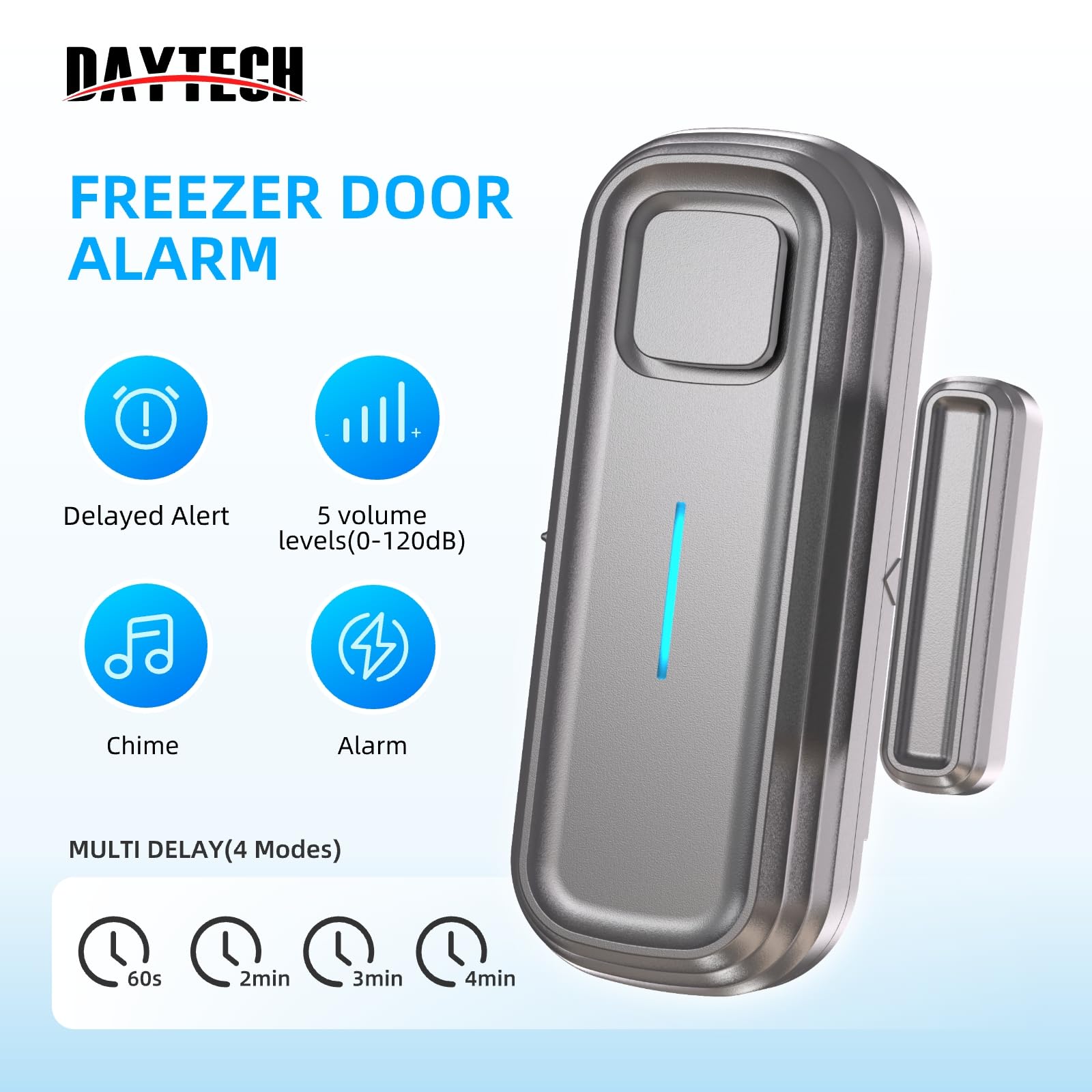DAYTECH Gefrierschrank-Türalarm, wenn offen gelassen mit 0–4 Minuten Verzögerung, Silber, 3 Stück | 0–120 dB einstellbare Lautstärke, Vermeidung von Lebensmittelverlust, ältere Kühlschränke, Garage und Keller