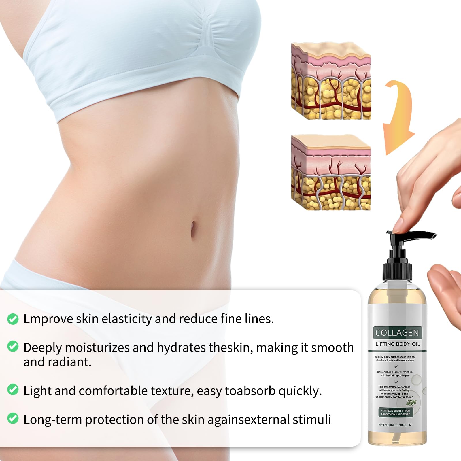 2 Bottles 100ml Collagen Magic Body Oil Firming, Glow Essence Lifting Body Oil, Skin Tightening for Scars Wrinkles and Stretch Marks - Image 2