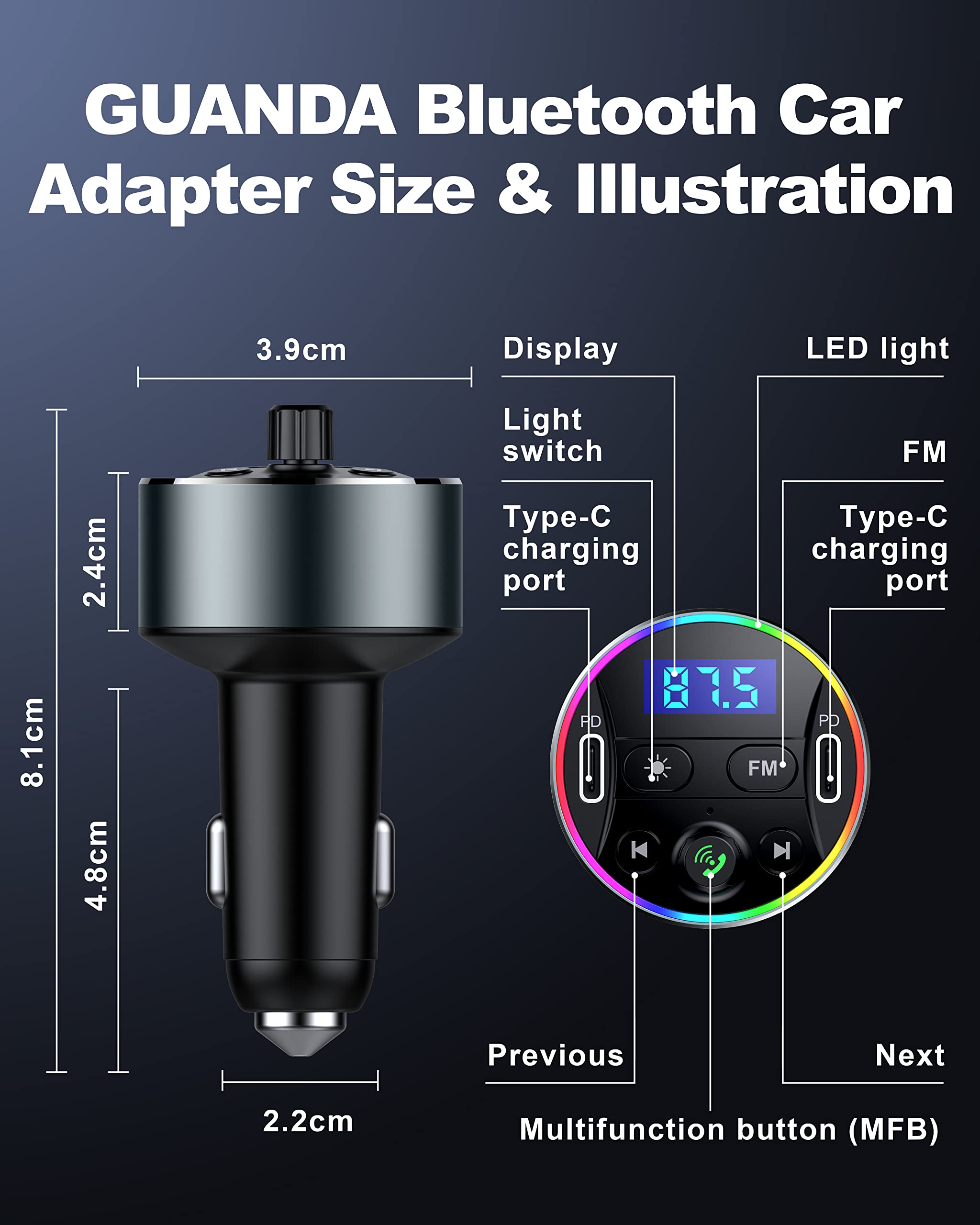 Bluetooth 5.3 FM-Transmitter, Dual PD 40W Typ-C USB kfz Schnelles Ladegerät, Kabellos Bluetooth Auto Adapter mit Mikrofon und HiFi-Sound MP3 Musikplayer, Radio Audio Receiver Support Freisprechanrufe