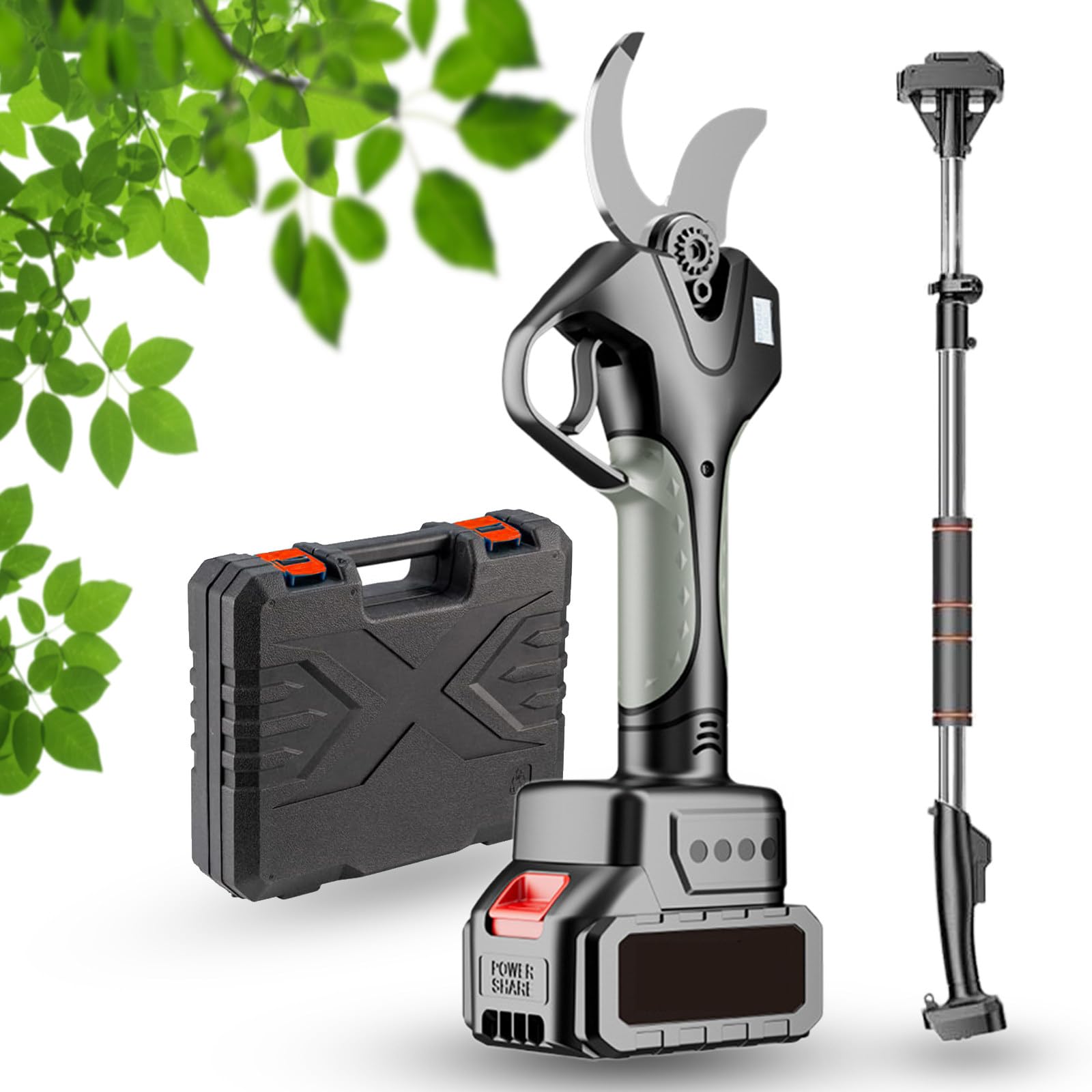 Tijeras de podar eléctricas, cortador de ramas con mango extensible, baterías recargables de 2000 mAh y cuchillas de repuesto, herramienta de jardinería profesional para ramas altas,2Batteries