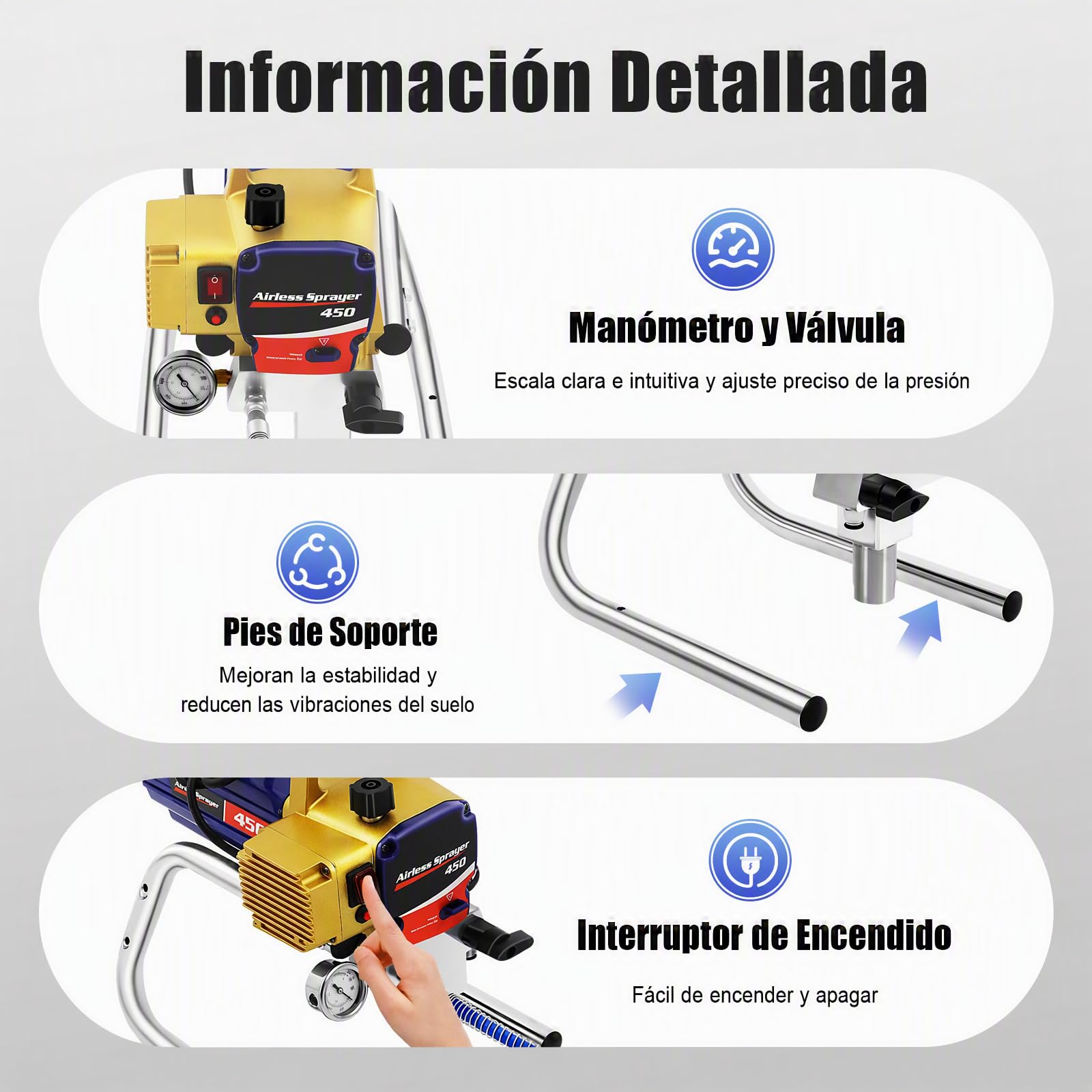 Sistema de pulverización de pintura Airless con manómetro, 1,5 kW, 2,2 L/min, pistola de pulverización sin aire, para interiores y exteriores, pulverizador de pintura portátil de acero