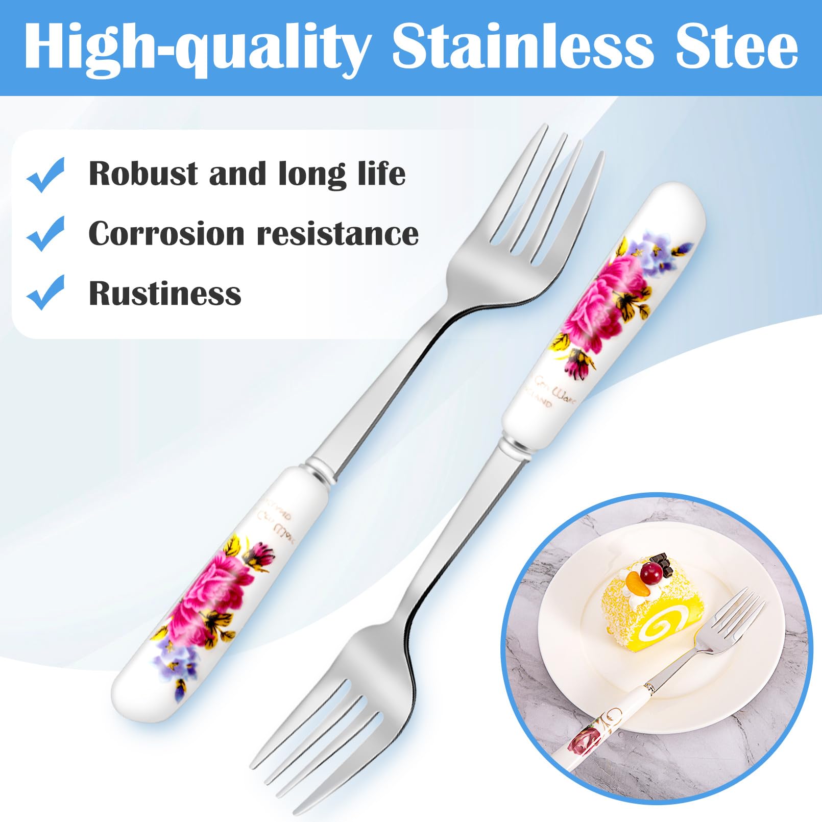 12 Pcs Dinner Forks, Floral Fork with Ceramic Handle, 12 Patterns — Amazon image 4