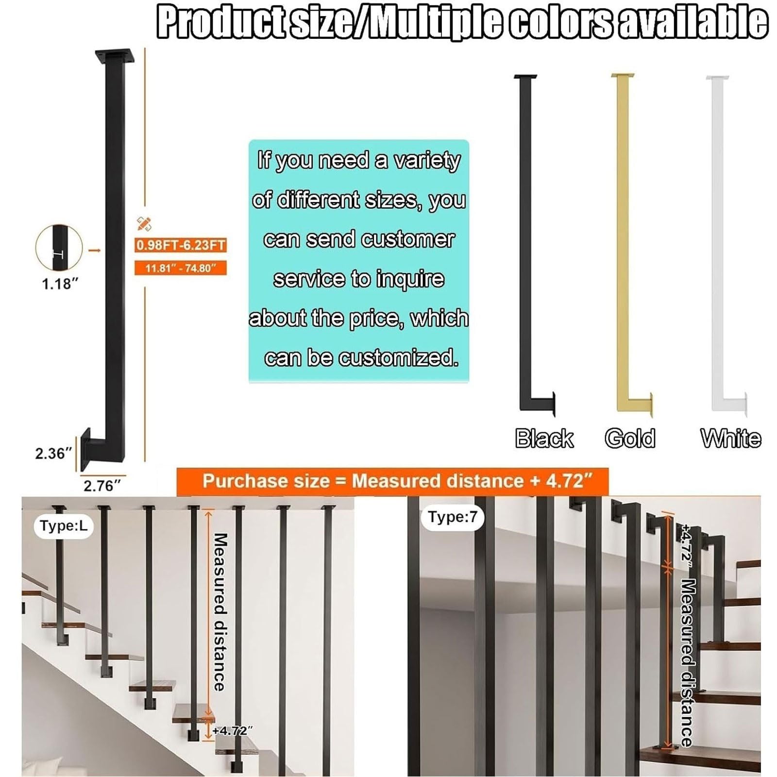 Barandillas metálicas personalizables para escaleras con montaje en suelo | Pasamanos de pared con kit de tornillos y soporte ajustable antideslizante para terrazas, balcones(Negro,4.4FT)
