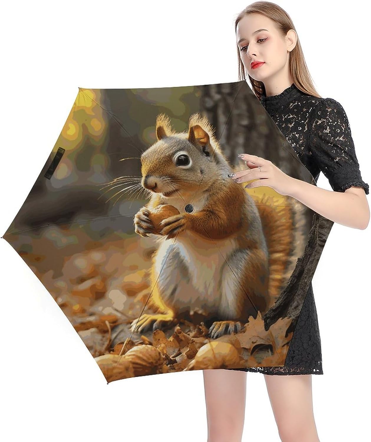Cute Squirrel Eating Nuts Umbrella for Rain And Sun,Folding Travel Umbrella Portable Compact, Golf Umbrella with Case Folding for Backpacks/Handbags