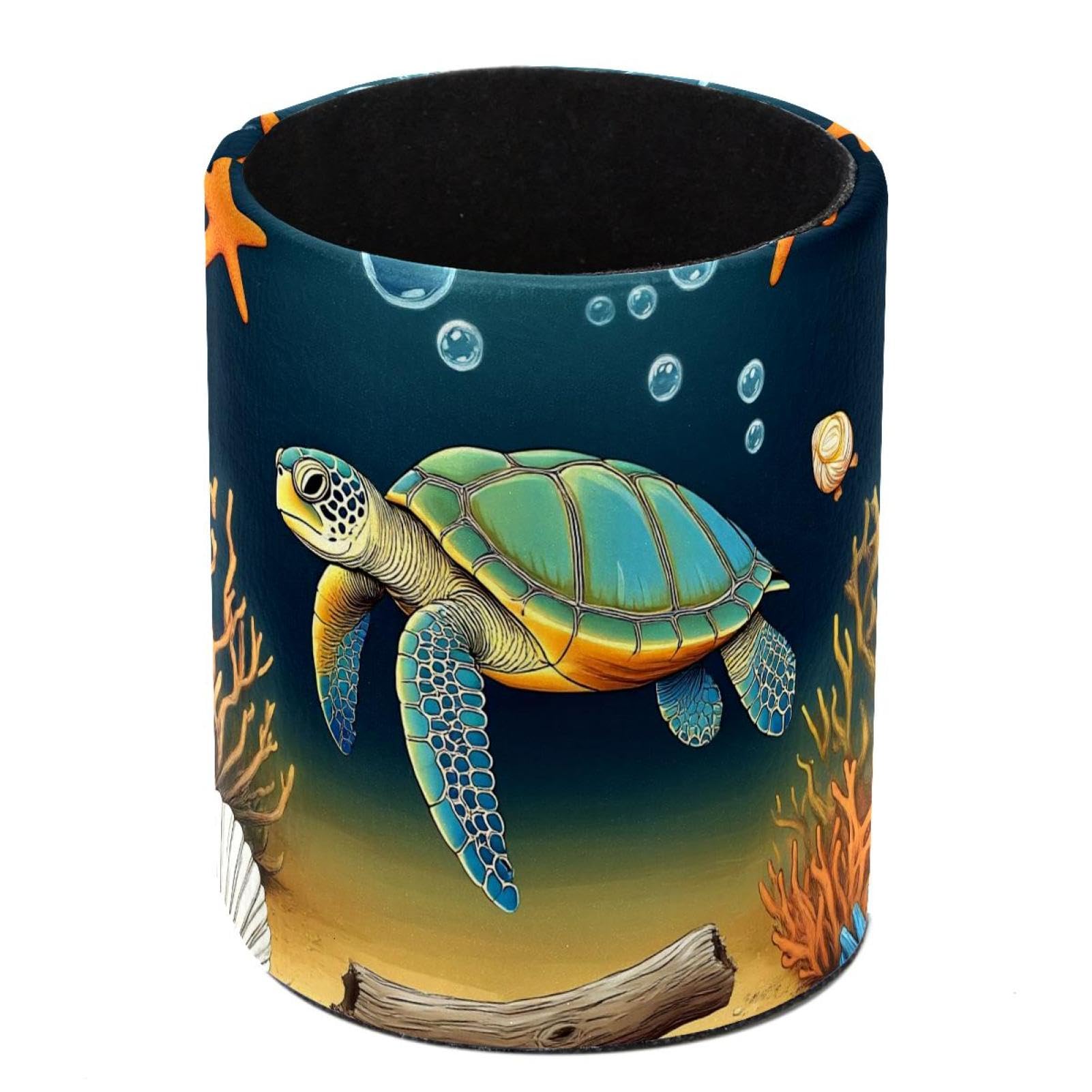 HEOEH Sea Turtle Pen Holder for Desk, PU Leather Pencil Holder Pen Cup Marker Holder Makeup Brush Holders, Desk Accessories & Workspace Organizers for Home, Office