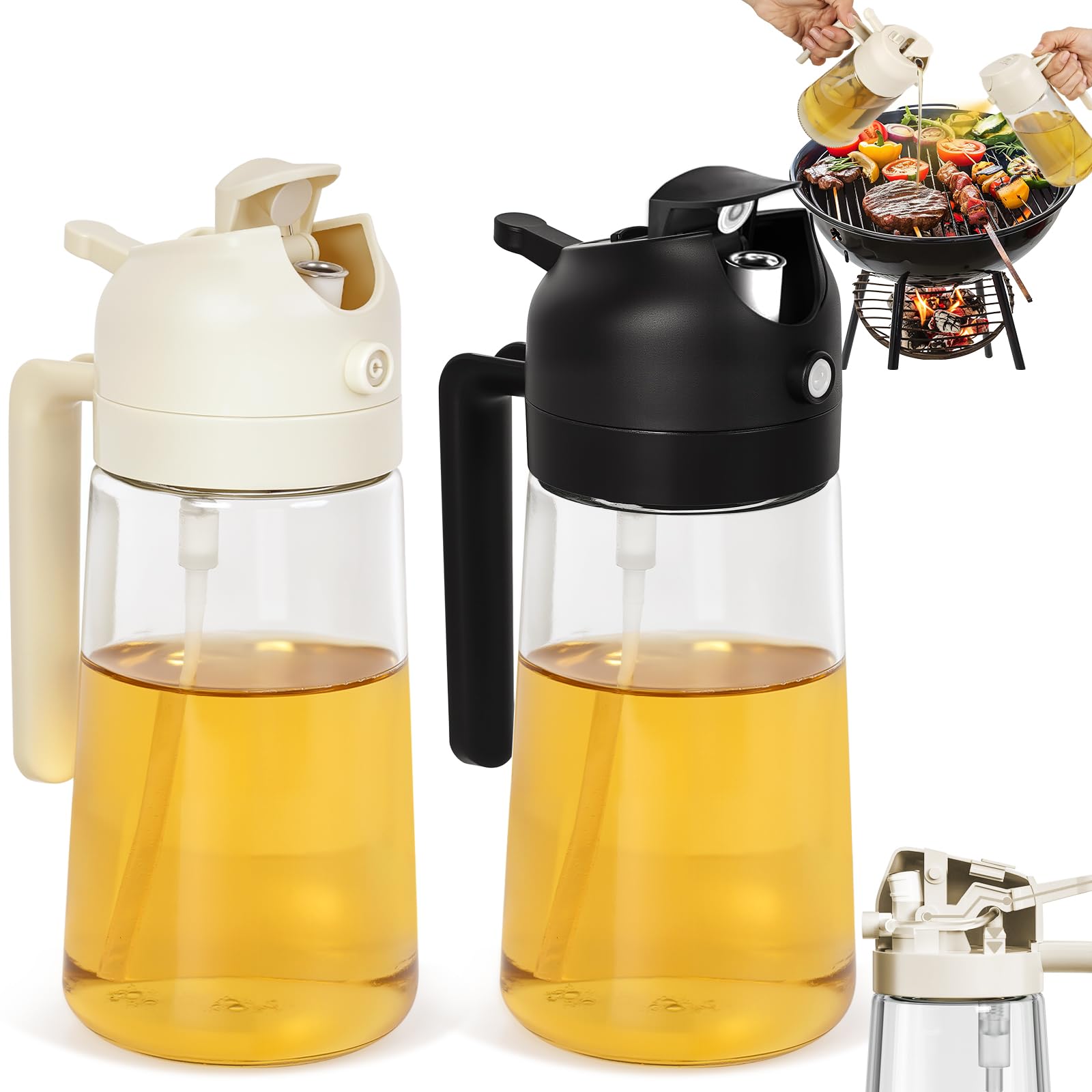 CJT 2Pcs Olive Oil Dispenser,2 in 1 Oil Sprayer for Cooking 16oz/470ml Glass Oil Bottle for Cooking, Frying, Salad, and BBQ (Black & White)