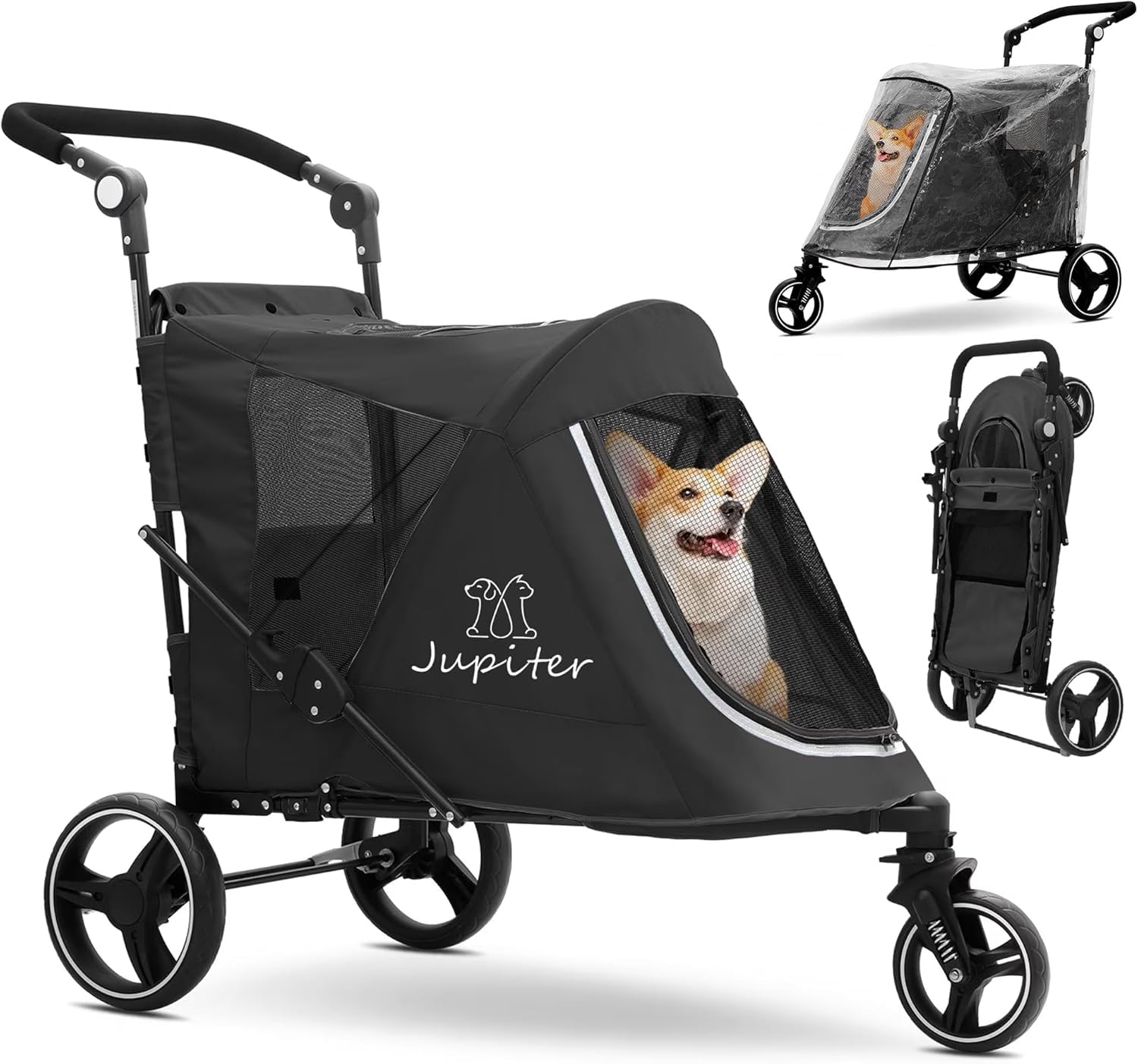 JupiterJX 3-Wheel Dog Stroller with Rain Cover, Foldable Pet Travel Carrier Cart with Adjustable Handle, One-Foot Brake, Mesh Windows & Zipper Closure, for Small to Large Dogs up to 30kg (Black)