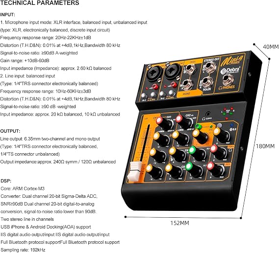 Audio Mixer D Debra Audio Mini4 Portable 4-Channel DJ Mixer Console, Sound Mixing Board with USB Bluetooth 48V Phantom Power, Audio Console for Live Wedding Party Recording Broadcast (Mini4)