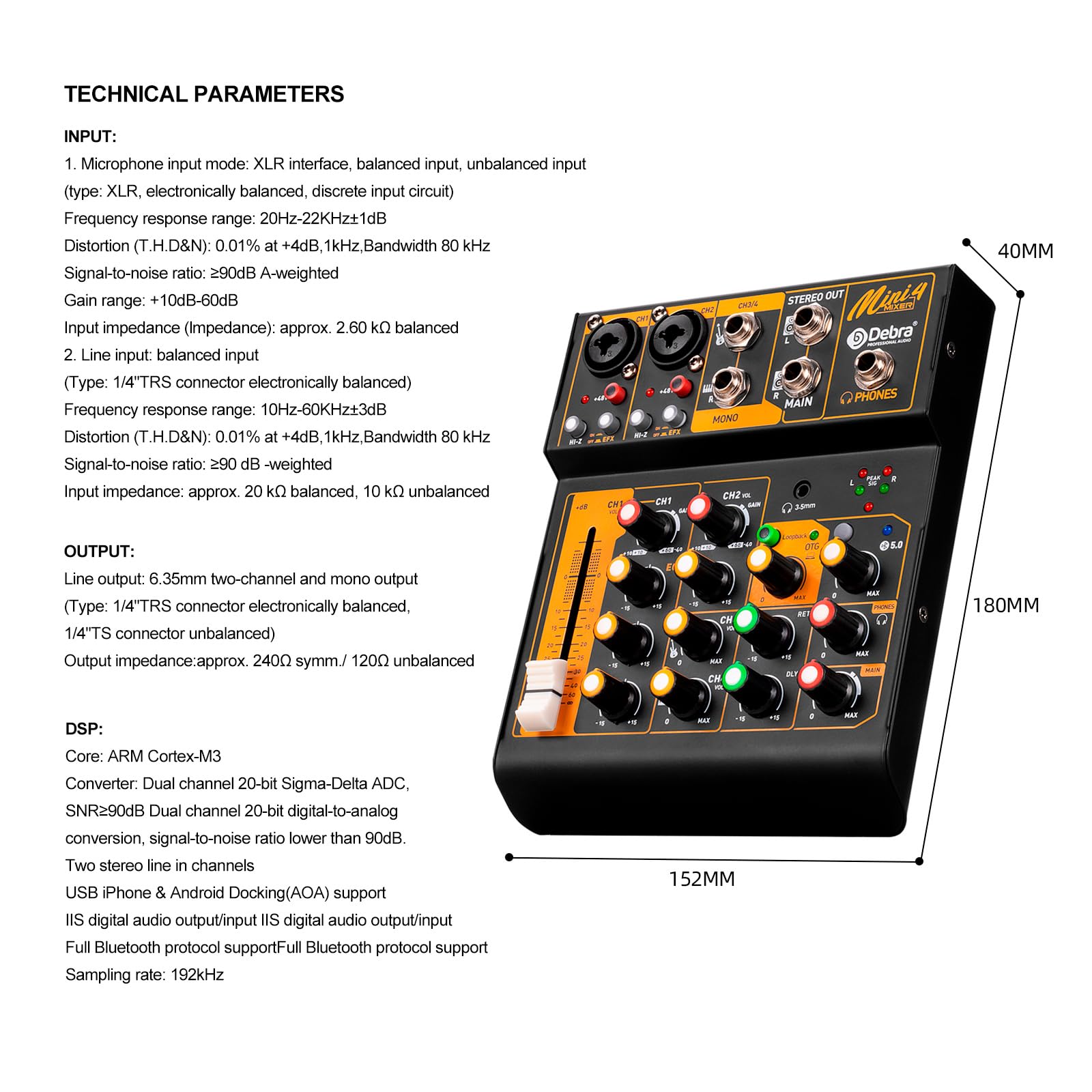 Mixer audio D Debra Audio Mini4 portatile a 4 canali DJ Mixer Console, scheda di mixaggio del suono con USB Bluetooth 48 V alimentazione phantom, console audio per live party di nozze registrazione