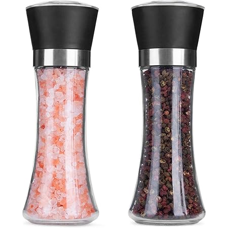 Hotder Premium Pepper Salt Pepper Grinder Set of 2-Refillable Coarseness Adjustable Pepper Mill Shaker with Glass Body Christmas Gift( Two Pack)