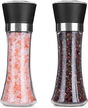 Hotder Premium Pepper and Salt Grinder Set of 2-Refillable Coarseness Adjustable Pepper Mill Shaker with Glass Body for Home,KitchenTwo Pack