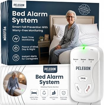 PELEGON Bed Alarms for Elderly Dementia Patients - Safety Wireless Sensor Pad and Pager Fall Prevention for Dementia Care Custom Volume Sound Or Vibration Long Range Coverage Tool-Free Setup