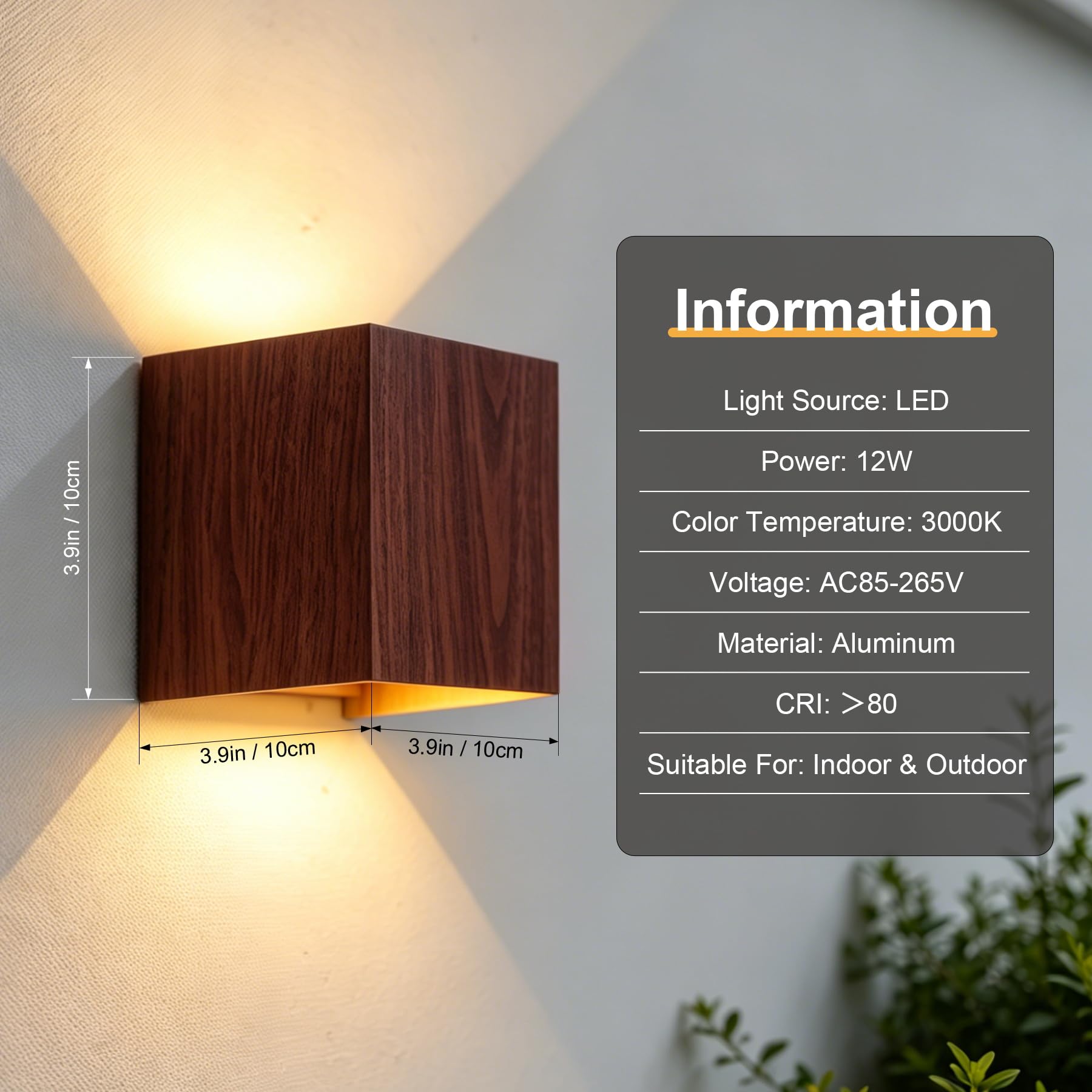 CANMEIJIA Aplique Pared Exterior Efecto Madera de Nogal 12W 3000K IP65 2 P | Lámpara de pared con deflectores internos que permiten regular el haz de luz desde 20 hasta 150 grados fácilmente