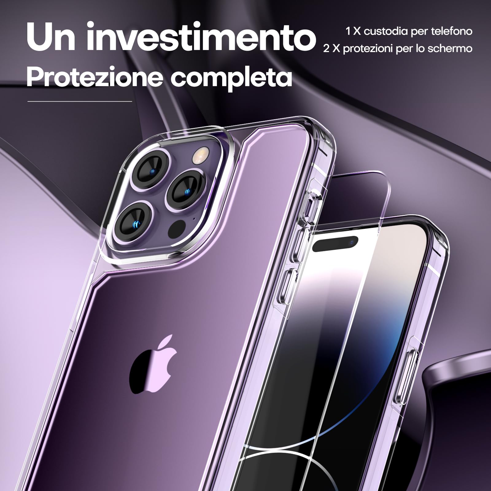 TAURI Cover iPhone 14 Pro, [3 in 1] 1 Custodia [Anti-Yellow] con 2 Pellicole Vetro Temperato, [Compatibile con Magsafe] Custodia Antiurto con Copertura a 360 Gradi - Trasparente