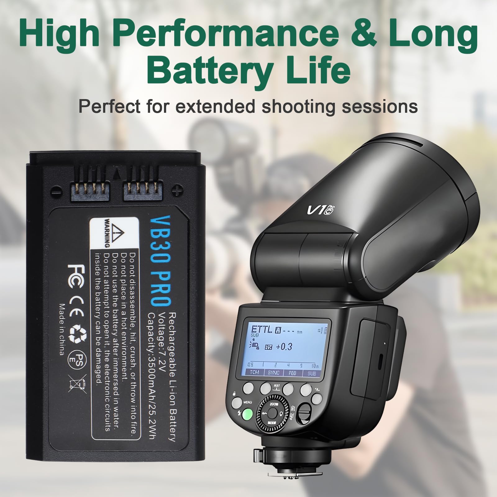 VB30 Akku 3500mAh Kompatibel mit GODOX V1Pro V1PRO-S V1PRO-N V1PRO-C V1PRO-F V100 V100C V100N V100S V1S V1C V1N V1O V860III V850III Kamerablitz, USB-C Eingang, 7,2V Li-Ionen Akku
