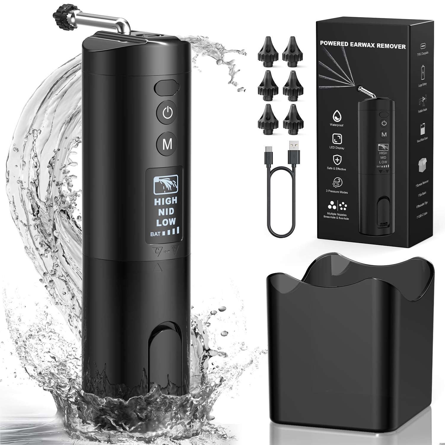 Ear Wax Removal Kit, Waterproof Ear Cleaning Tool with 6 Reusable Replacement Tips, Rechargeable Electric Ear Irrigation Flushing System, Safe and Effective Water Earwax Cleaner Tool - IPX7