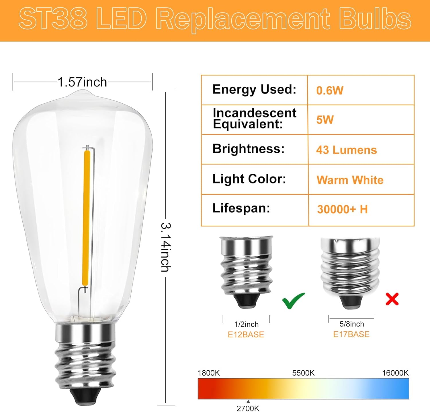 ST38 Replacement Light Bulbs, 10 Pack Edison LED Bulbs Fits E12 Candelabra Base, 0.6W Shatterproof Energy-Saving LED Bulbs for Indoor Outdoor Patio ST38 String Lights, Warm White