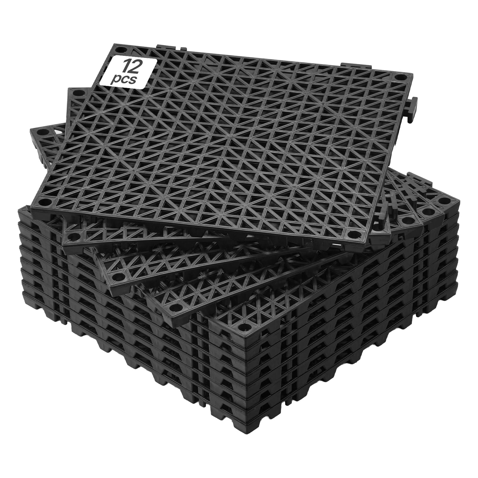 VEVOR Modular Interlocking Cushion, 12 Pack 30 x 30 cm Splicing Drainage Mats, Soft PVC Interlocking Drainage Floor Tiles, Non-Slip Drainage Holes for Restroom, Kitchen, Pool, Wet Areas, Black