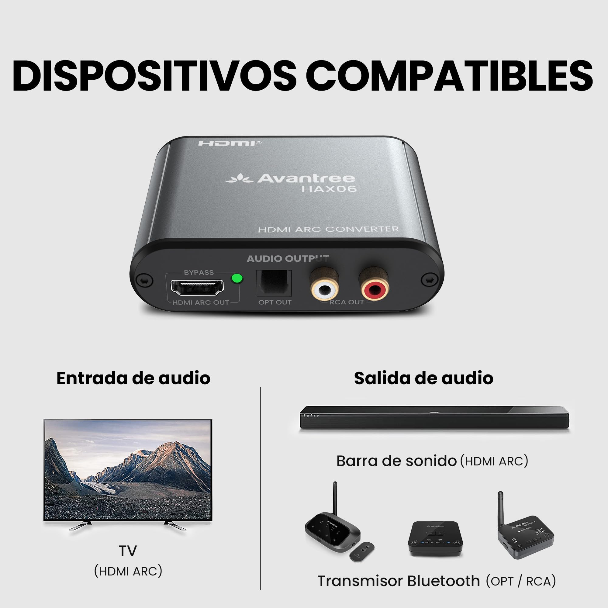 Avantree HAX06 – Extractor de Audio HDMI ARC con passthrough para TV, Barra de Sonido y Auriculares en Uso simultáneo, Salidas óptica y RCA