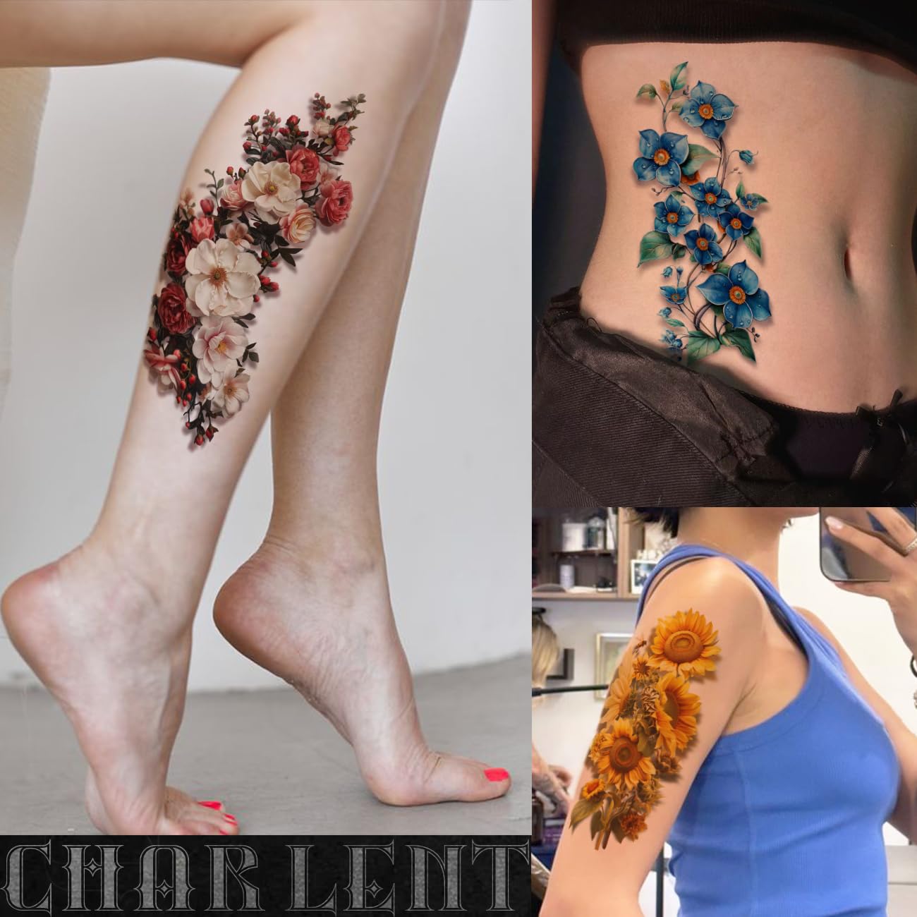 CHARLENT 3D Flower Sleeve Temporary Tattoos for Women - 25 Sheets Realistic Flower Fake Tattoos for Arm Leg Body/Long Last/Waterproof - Image 4