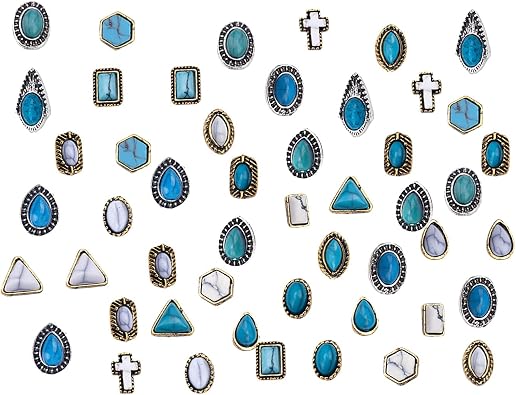 BOXOB 50pcs Turquoise Nail Charms, 3D Hollow Out Vintage Pendants DIY Western Art Blue Gemstone Nail Accessories for Manicure Phone Case & Craft Decor