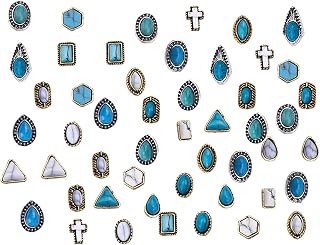 BOXOB 50pcs Turquoise Nail Charms, 3D Hollow Out Vintage Pendants DIY Western Art Blue Gemstone Nail Accessories for Manicure Phone Case & Craft Decor