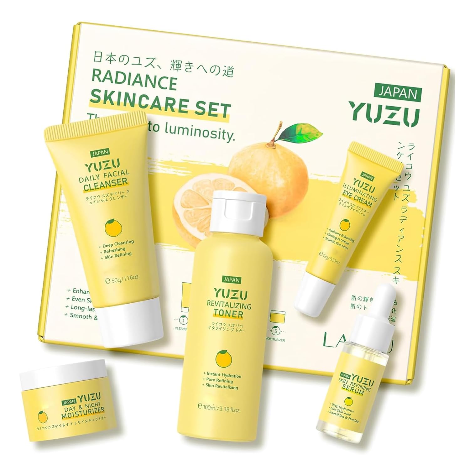 JAPAN Yuzu Skin Care Set, Yuzu Skin Care Routine Kit For Women & Teen Girls, Natural Skincare Set For Women With Serum,Toner,Cream,Eye Cream,Cleanser, Stocking Stuffers for Adults & Girls