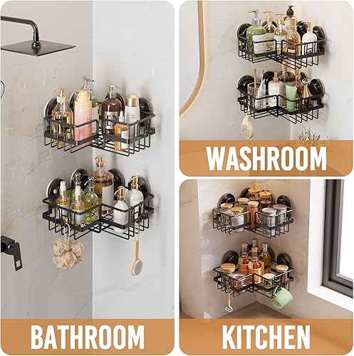 Miniatura 4 de LEVERLOC Paquete de 2 organizadores de ducha con ventosa adaptables a las esquinas, cesta montada en la pared sin taladros, estante de ducha
