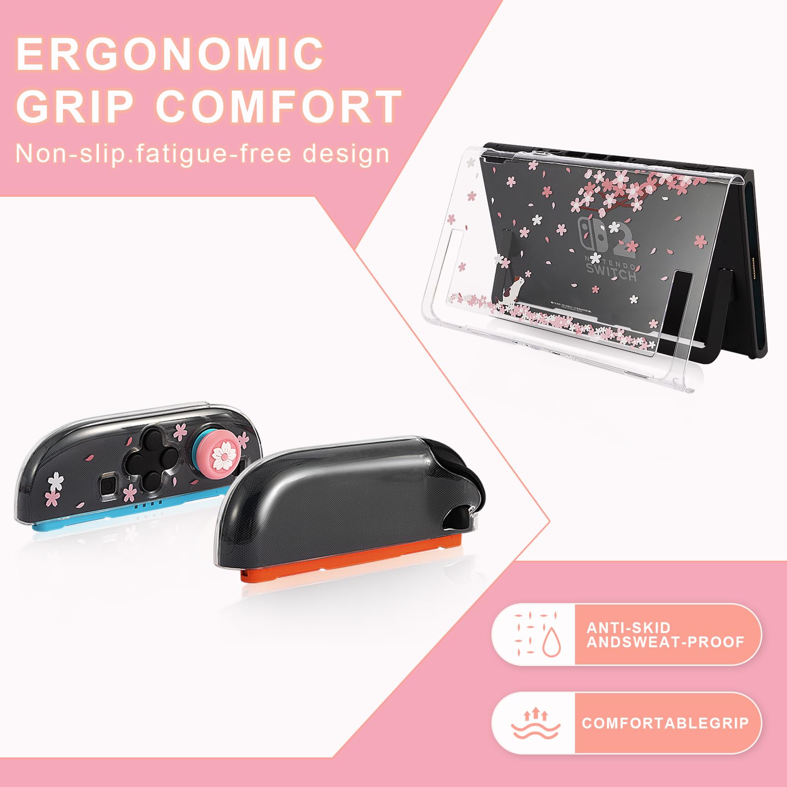 OLDZHU Hülle kompatibel mit Nintendo Switch 2 (2025) mit Displayschutz Aus Gehärtetem Glas und 4 Daumenkappen,Rosa Dockable Schutzhülle,Schockabsorption und Geteilte Konstruktion (Kirschblüten) - 3