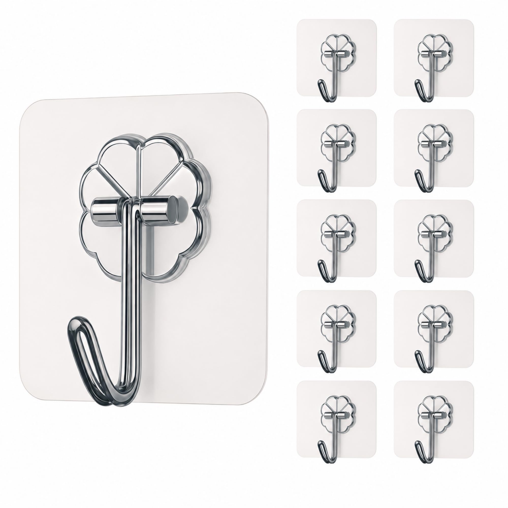 Self Adhesive Wall Hooks - 10 Pcs Heavy Duty Transparent Sticky Hooks for Wall, Nail Free Waterproof Hooks for Hanging Without Drilling (Flower Hook, 10)-image-32