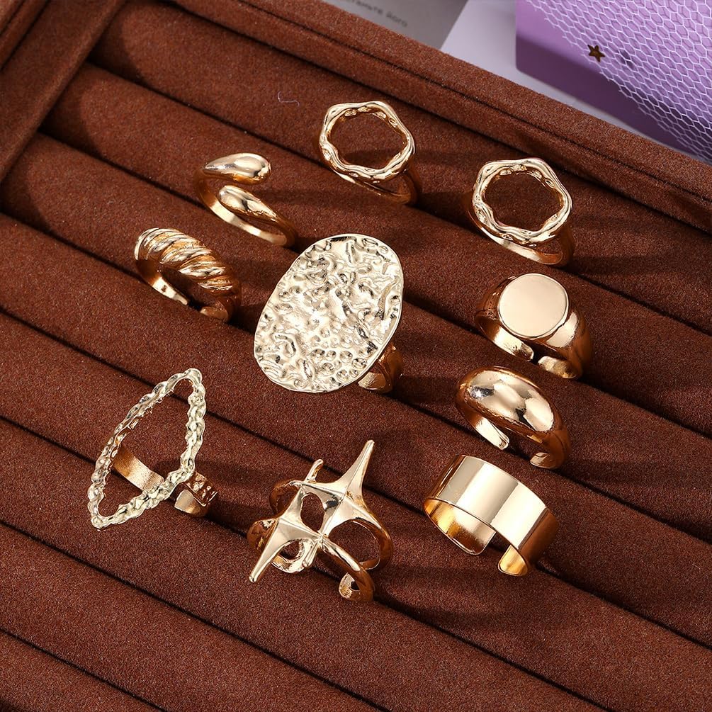 10Pcs Gold Chunky Rings Set Stackable for Women Non Tarnish, Statement Dome Huggie Circle Hammered Big Open Ring Knuckle Finger Party Jewelry Gifts - Image 7