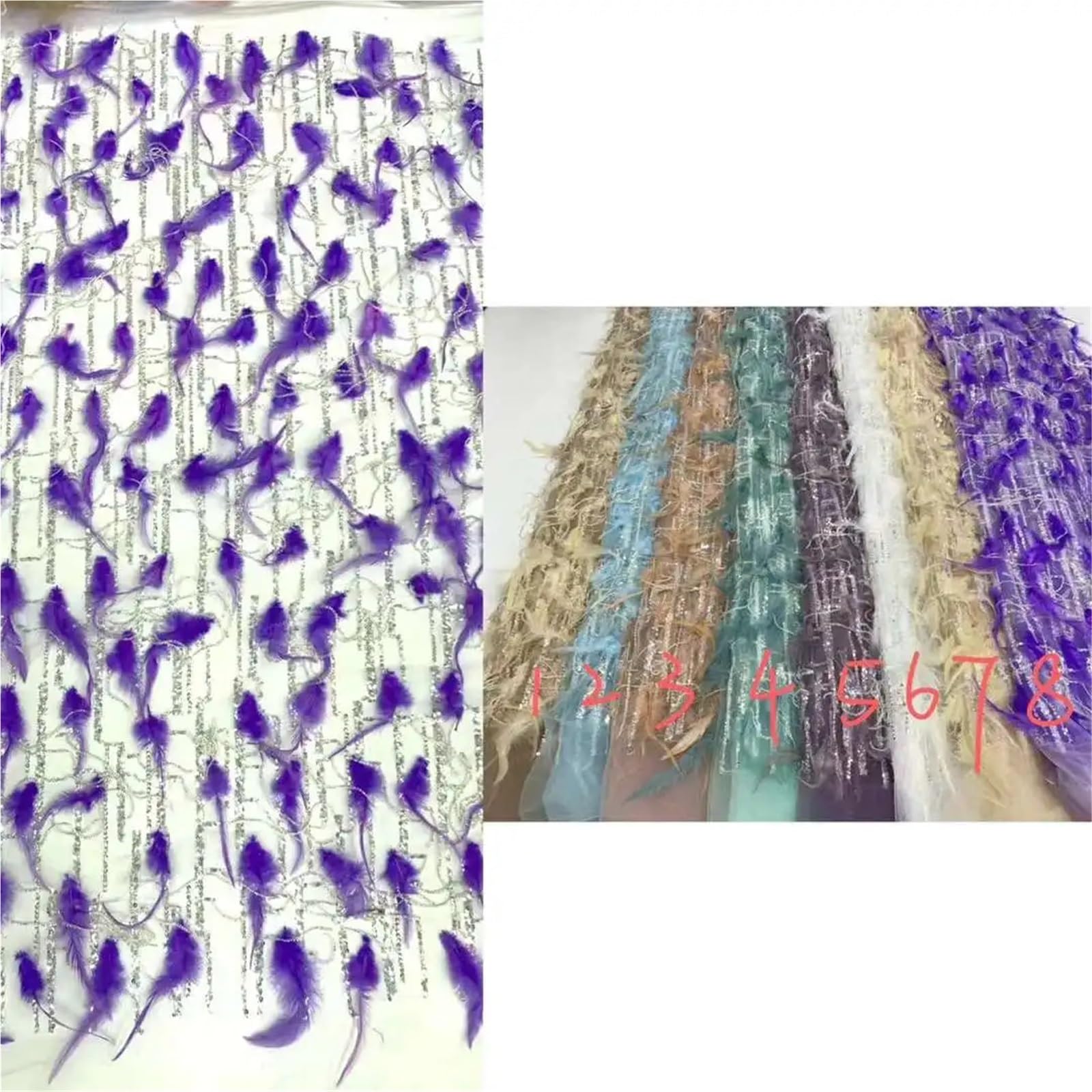 Tessuto per abito da sposa in tessuto di pizzo con piume di lusso fatto a mano paillettes pizzo tulle tessuto 3D per abiti da festa (colore-C)