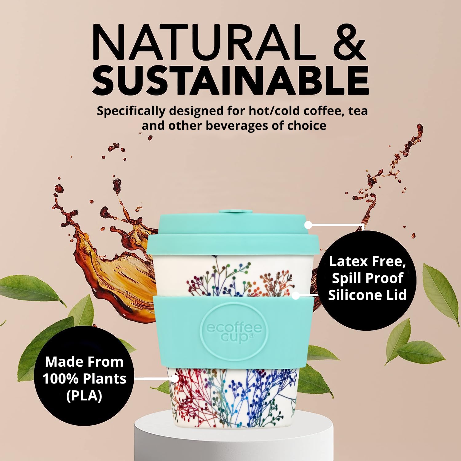 Ecoffee Cup 8oz 240ml Reusable Eco-Friendly 100% Plant Based Coffee Cup with Silicone Lid & Sleeve - Image 4
