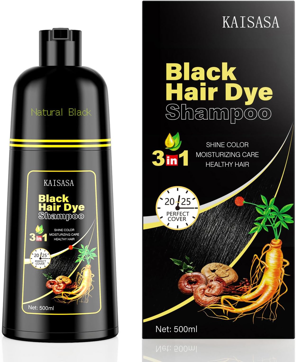 Black Hair Dye Shampoo 3 in 1, Hair Color Shampoo for Women and Men, Hair Dye to Cover Gray Hair, Herbal Ingredient Shampoos for Grey Hair Coverage 500ml (Black)
