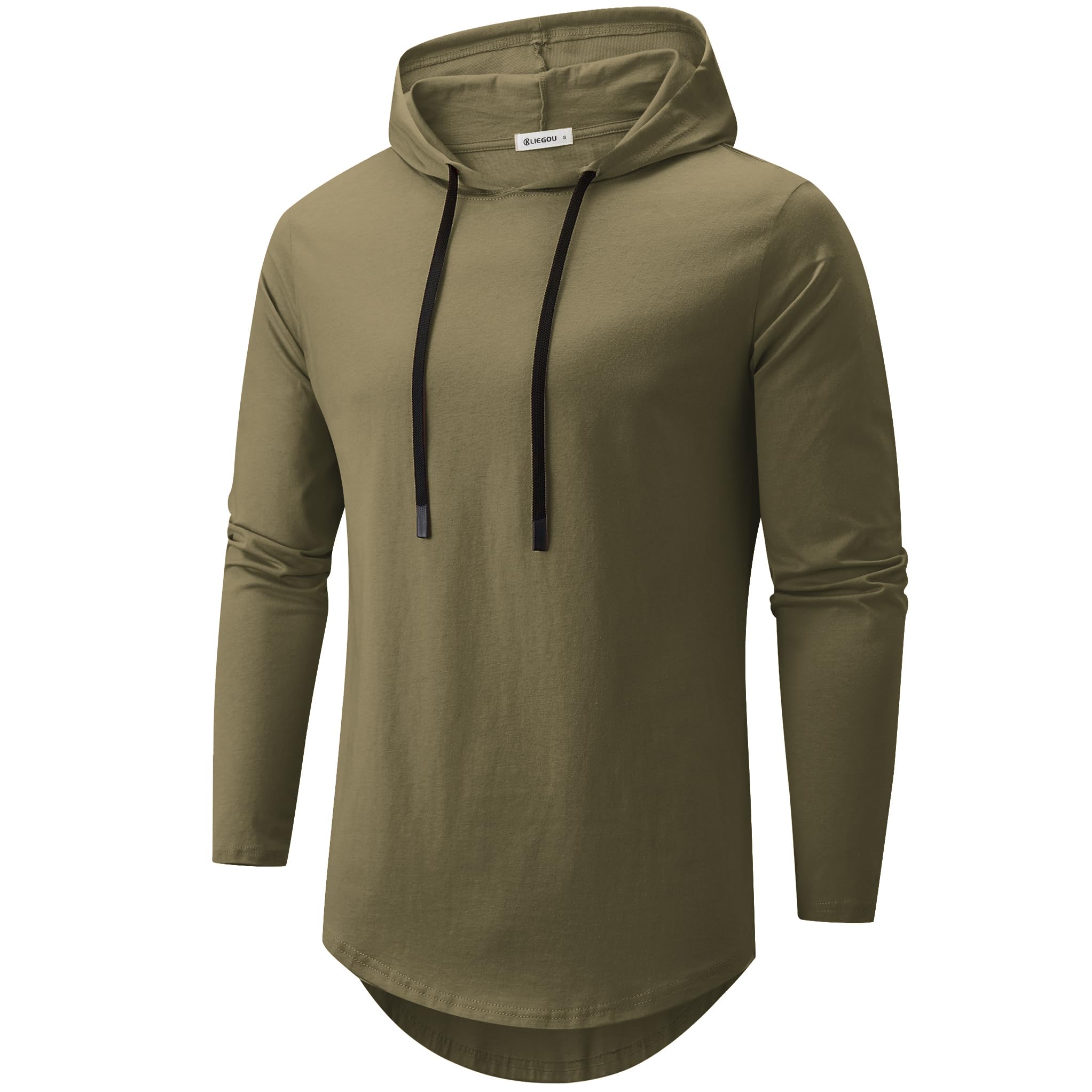 KLIEGOU Men's Hooded T-Shirt 190GSM 100% Cotton Soft Streetwear Longline Tee- Breathable Hip Hop Pullover - Pre-Shrunk