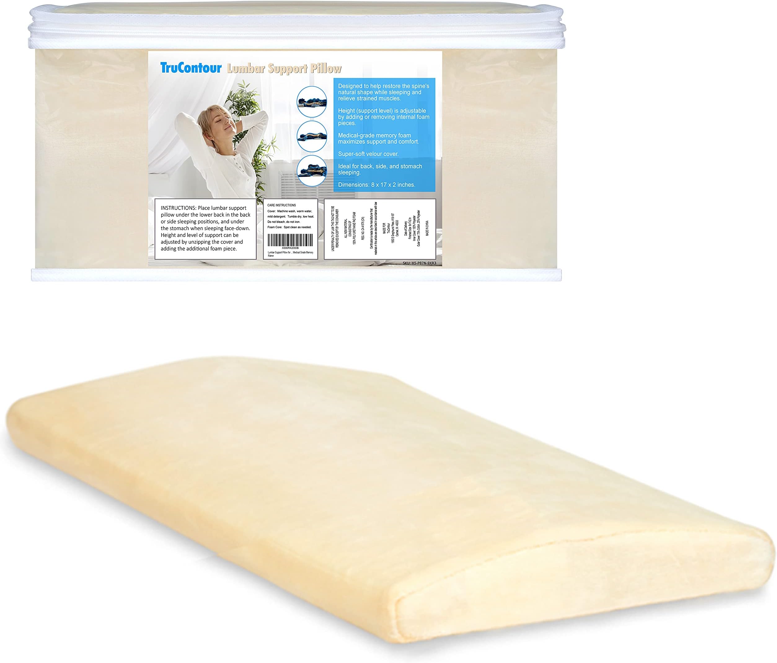 Lumbar Pillow for Sleeping, Lumbar Support Pillow for Bed, for Lower Back Pain While Sleeping, Adjustable Height, Includes Storage Case (Original)