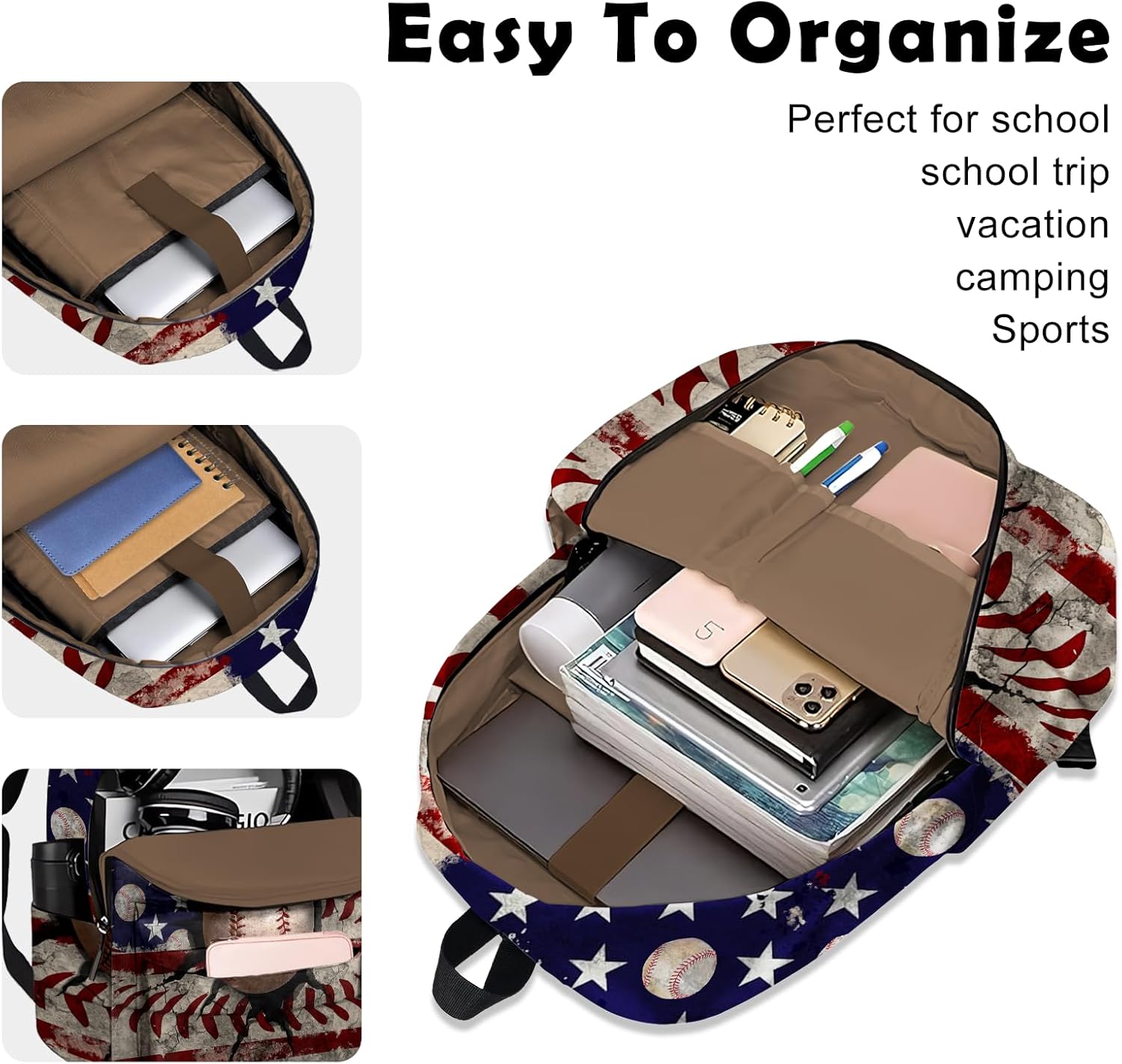 American Flag Baseball School Backpack for Boys Bookbag, 16 Inch USA Sports Theme Laptop Back Pack for School Travel Hiking Camping - Image 5